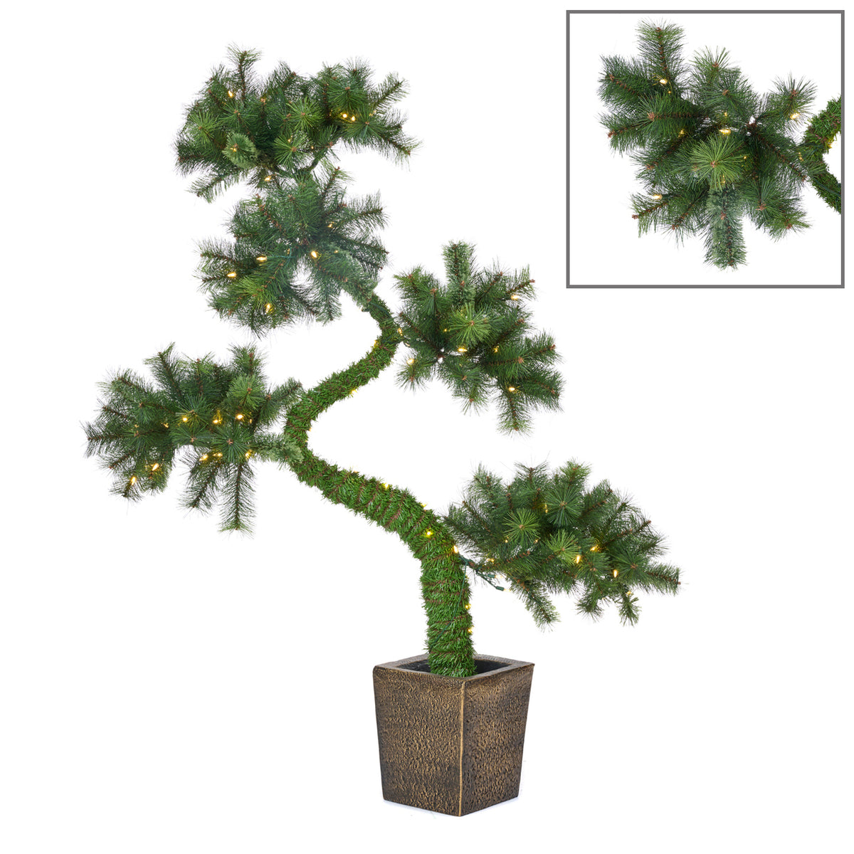Brad artificial bonsai cu 100 LED-uri, în ghiveci, verde, 183 cm, 175 de vârfuri