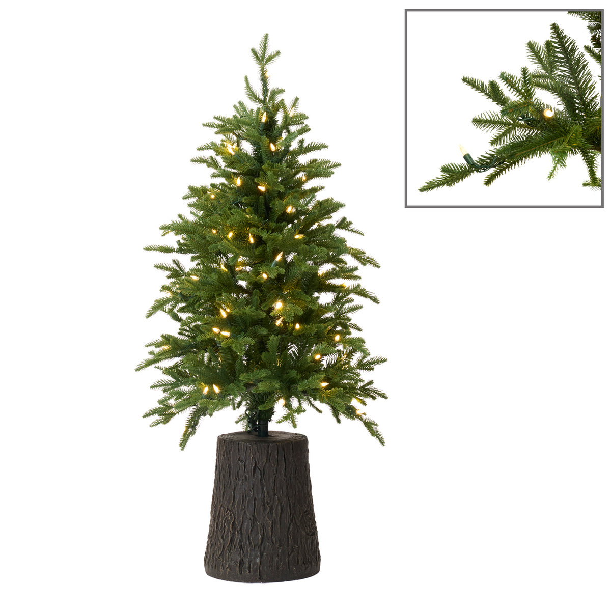 Brad artificial cu 100 LED-uri și bază tip trunchi, verde, 107 cm, 187 vârfuri
