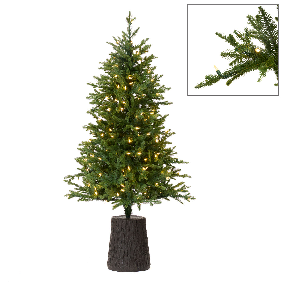 Brad artificial cu 200 LED-uri și bază tip trunchi, verde, 137 cm, 385 de vârfuri