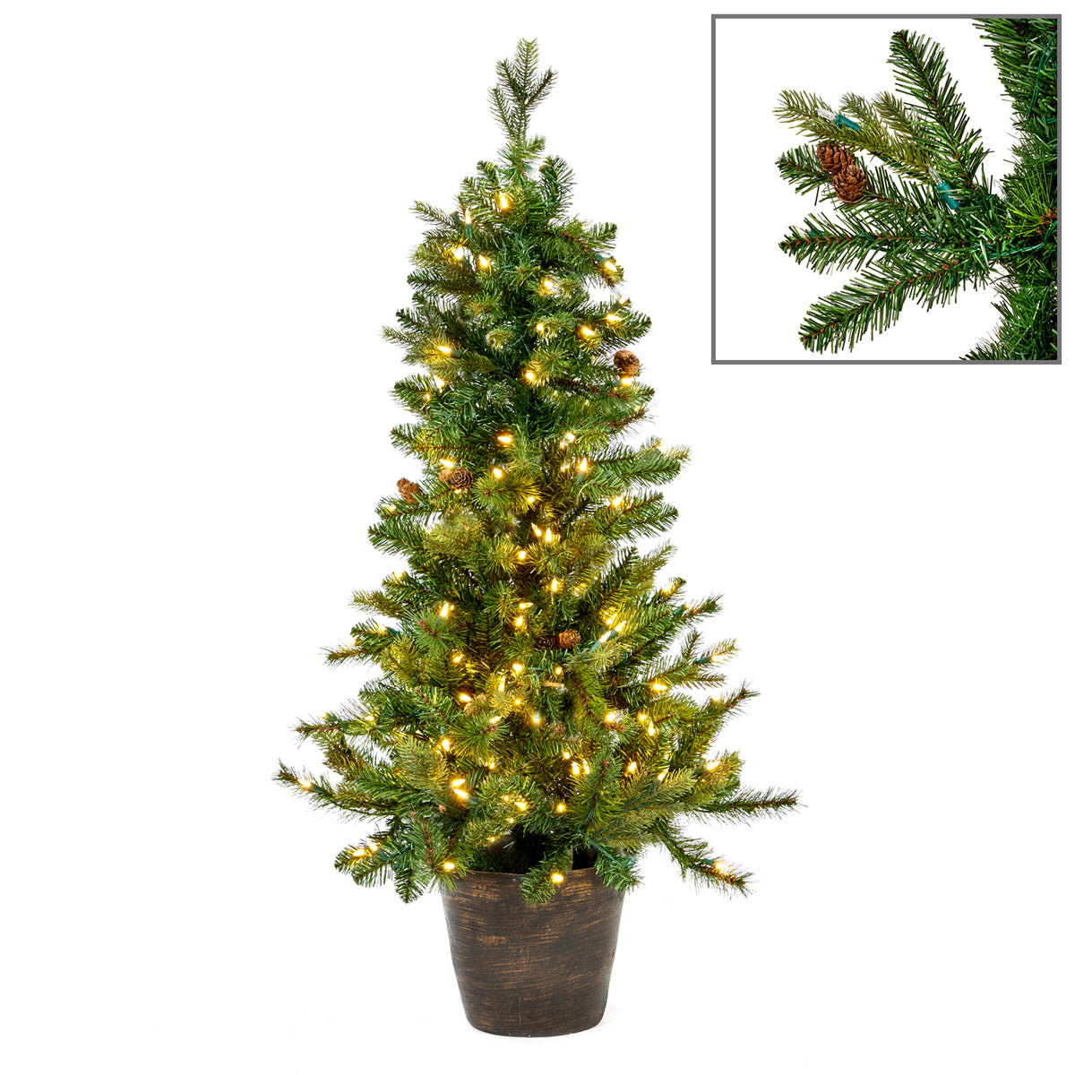 Brad artificial cu conuri, în ghiveci, cu 200 LED-uri, verde, 120 cm, 288 de vârfuri