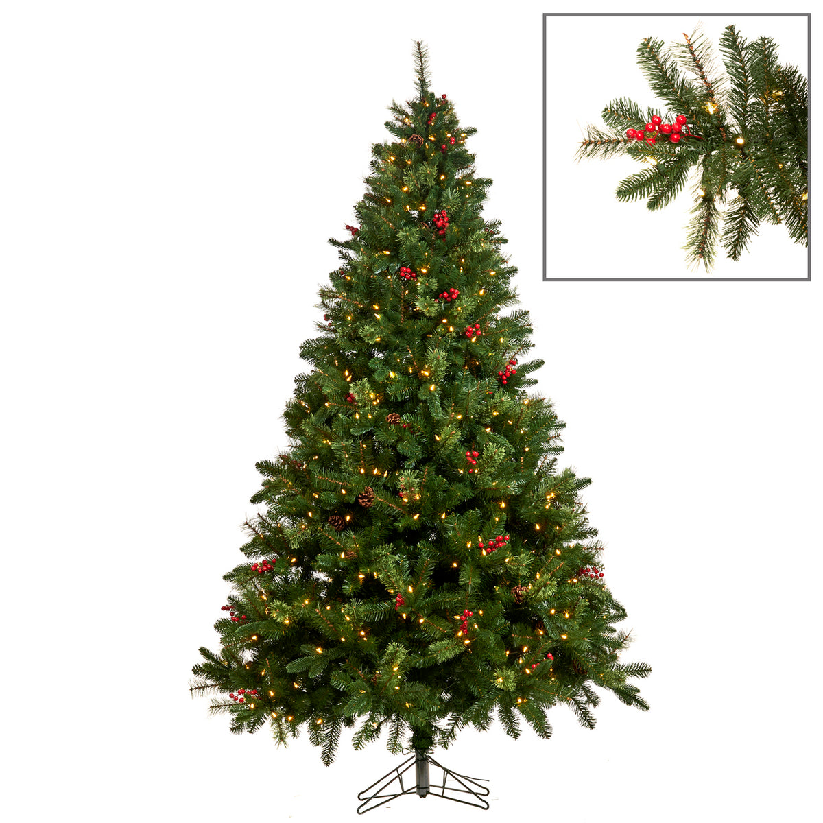 Brad artificial cu fructe de pădure, conuri și 600 LED-uri, la priză, 225 cm, 1640 de vârfuri