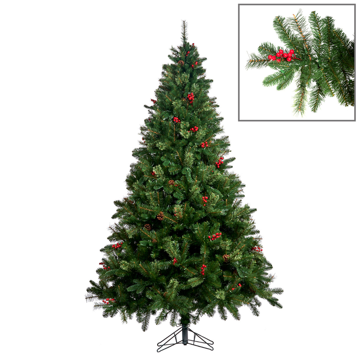 Brad artificial cu fructe de pădure și conuri, verde, 225 cm, 1640 de vârfuri