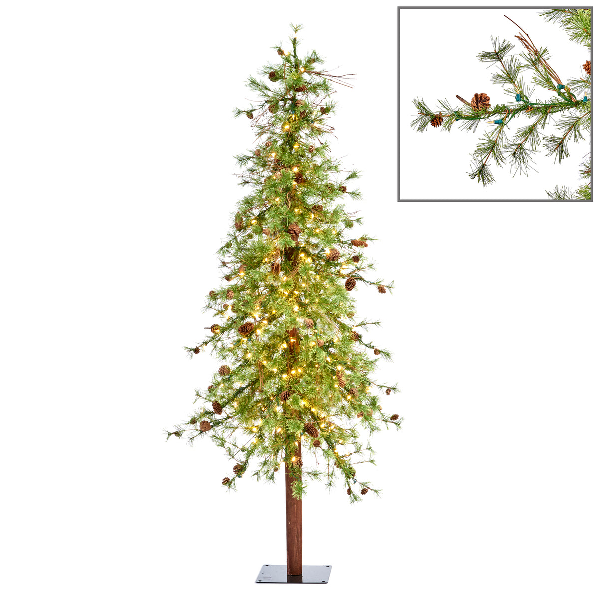 Brad artificial cu trunchi, conuri și 250 LED-uri, verde, 210 cm, 415 vârfuri