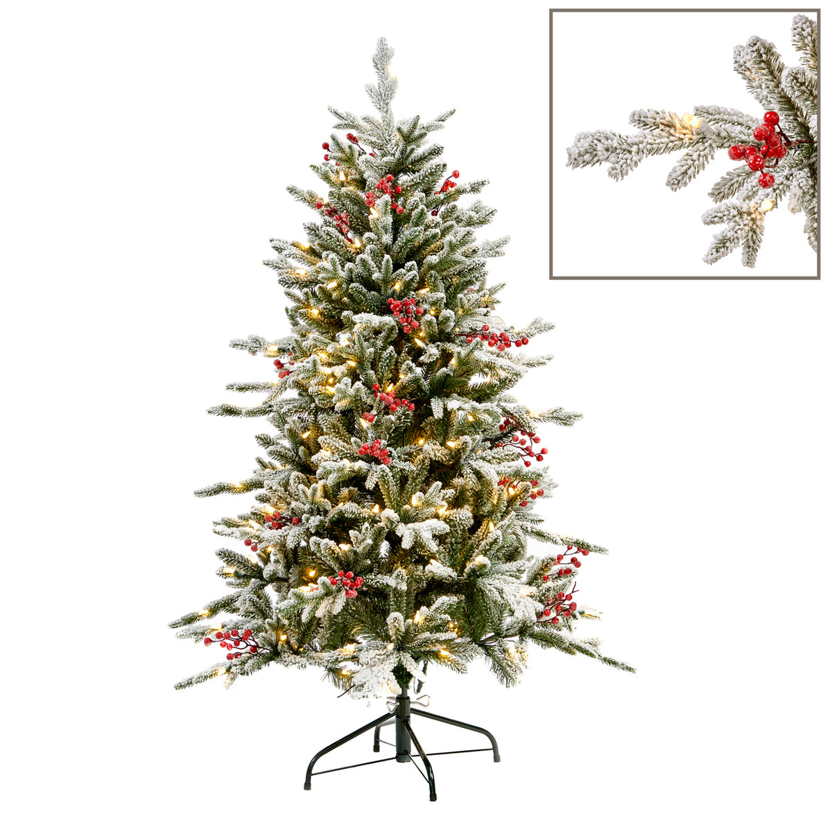 Brad artificial înzăpezit cu fructe de pădure și 250 LED-uri, verde/alb, 152 cm, 1077 vârfuri
