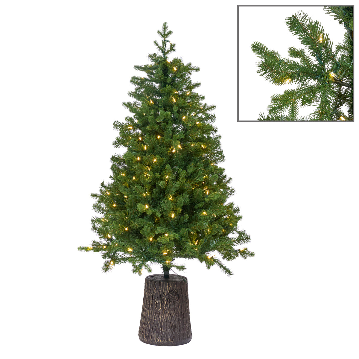 Brad artificial lat cu 200 LED-uri și bază tip trunchi, verde, 137 cm, 417 vârfuri