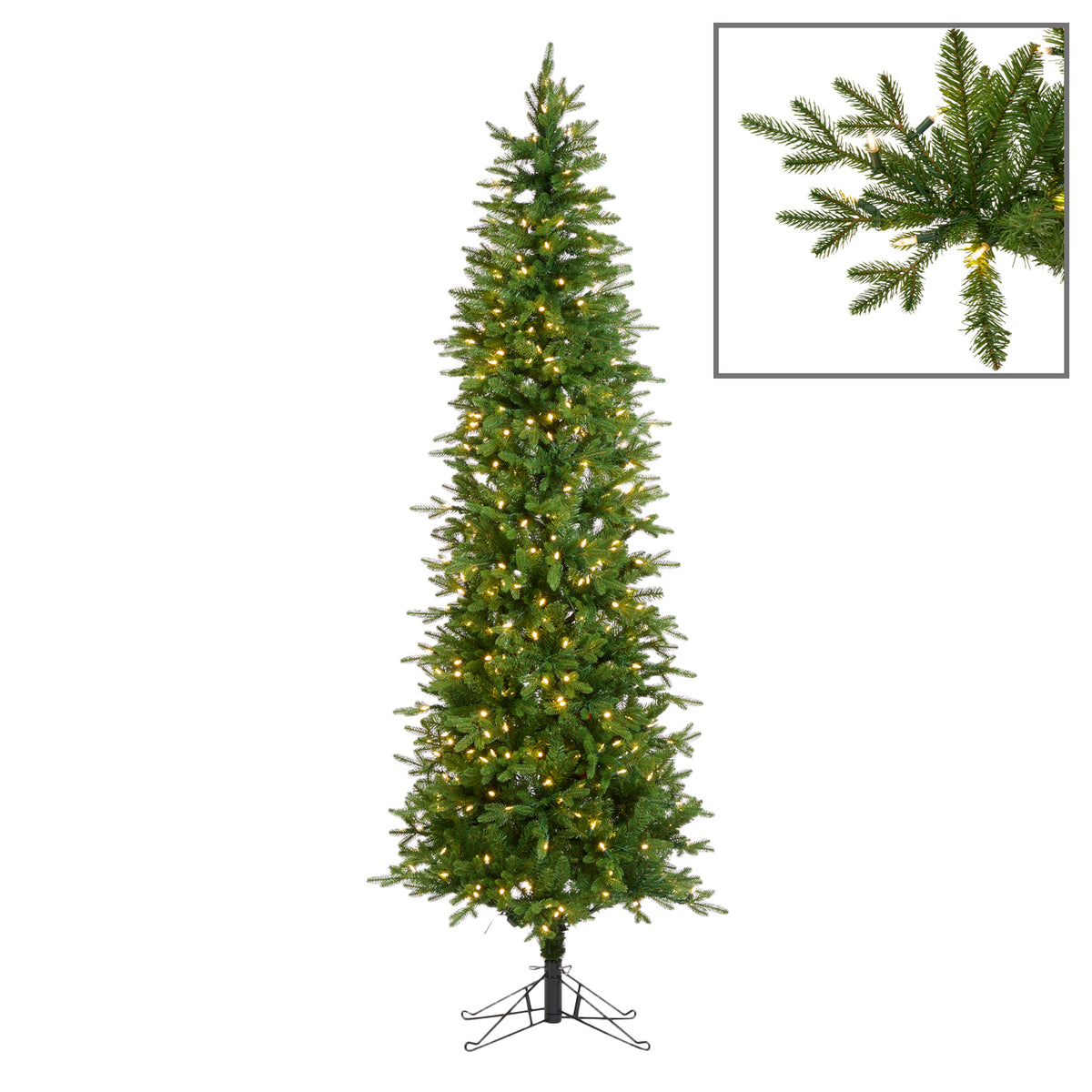 Brad artificial subțire tip pencil cu 450 LED-uri, verde, 229 cm, 859 de vârfuri