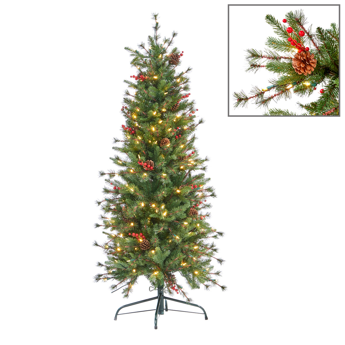 Brad artificial subțire tip pencil cu fructe de pădure și 200 LED-uri, verde, 152 cm, 695 vârfuri