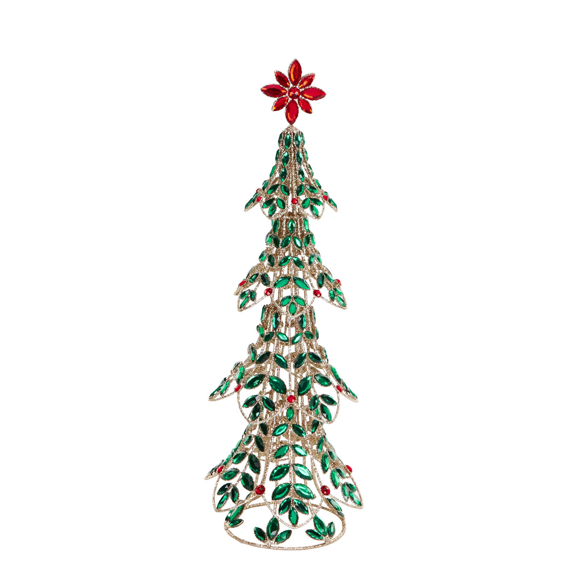 Brad de Crăciun decorativ din metal cu pietre, verde/roșu, 47,5 cm