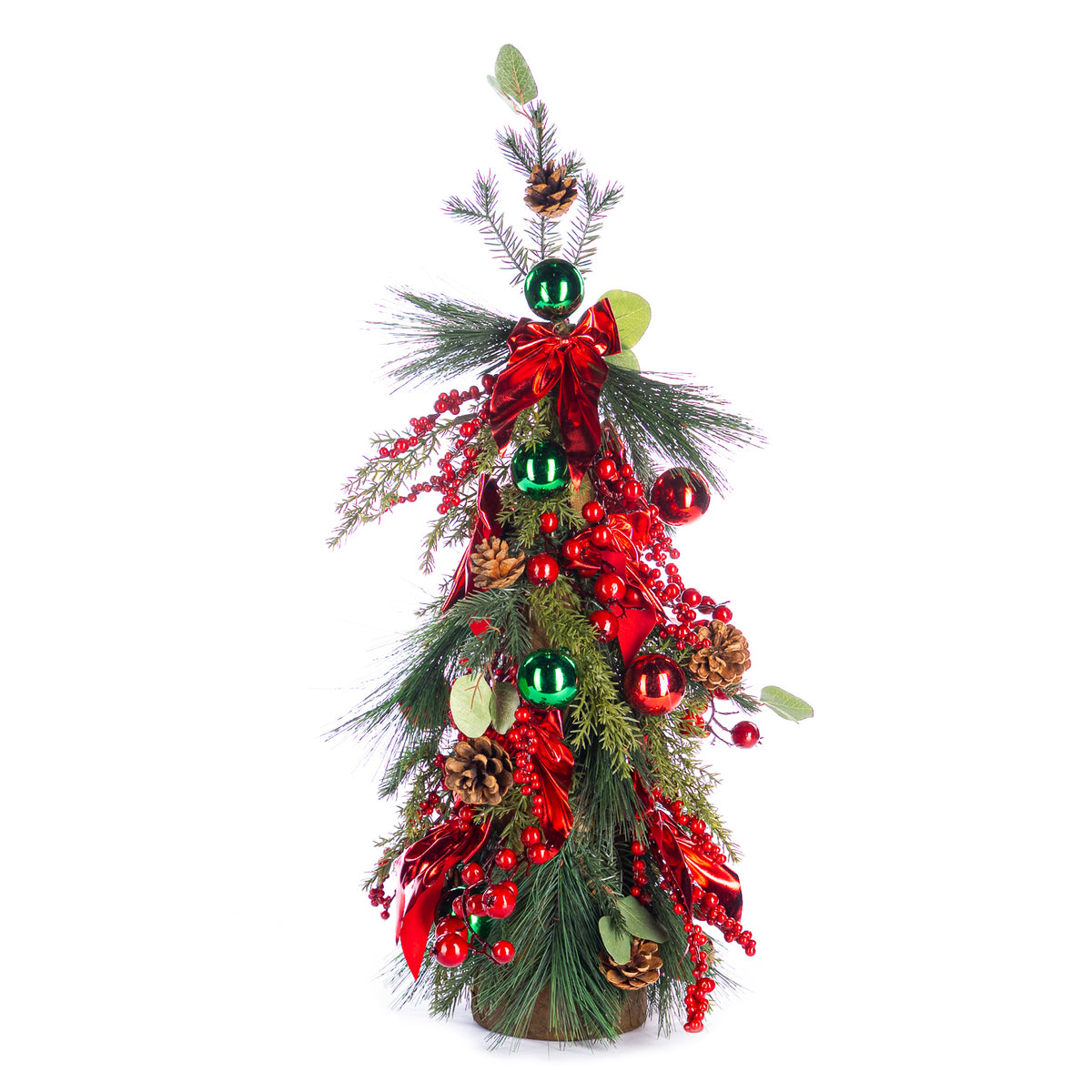 Brad decorativ din ramuri de brad, funde, globuri și conuri, verde/roșu, 64 cm