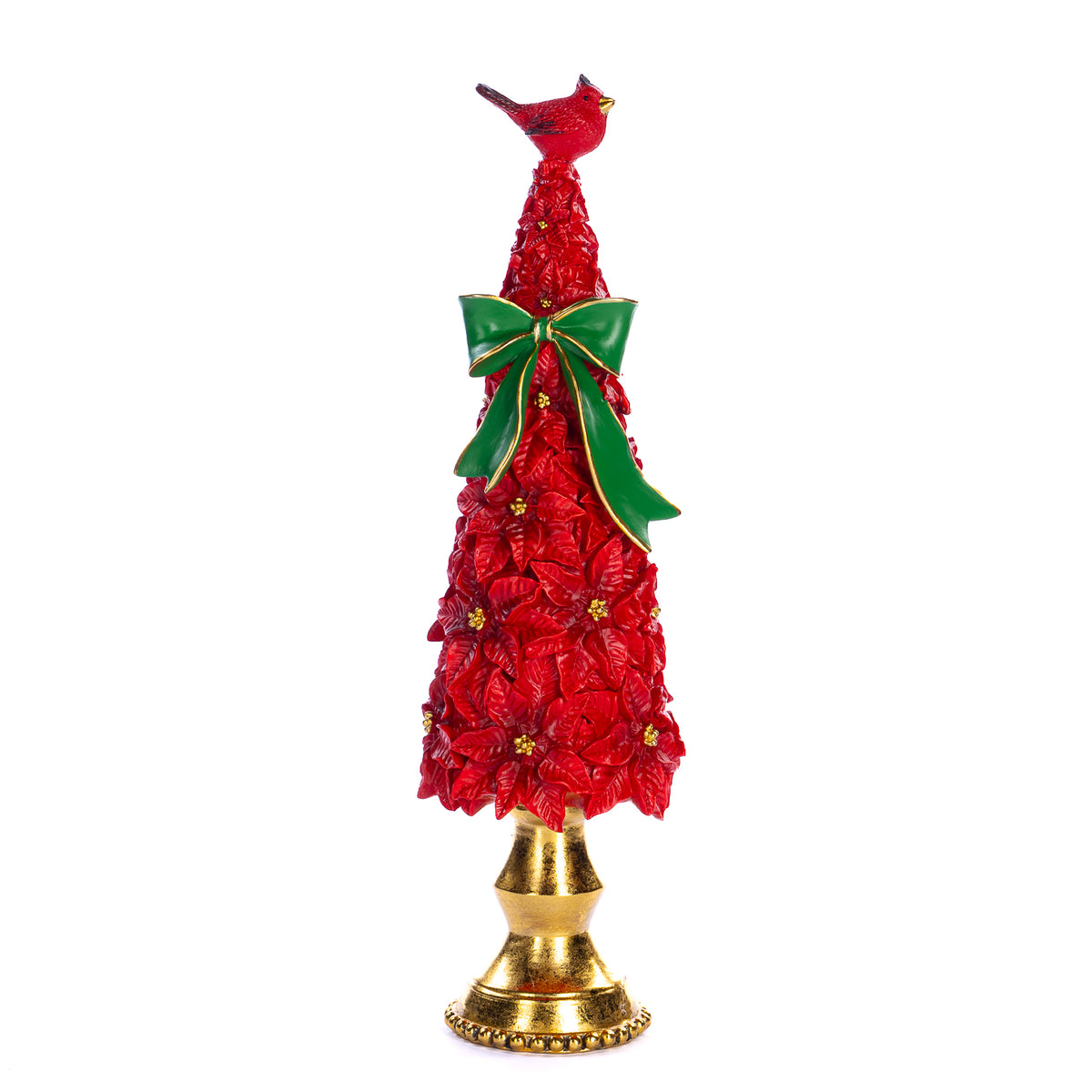 Brad topiar din flori de crăciuniță, cu pasăre, roșu/verde, 41 cm
