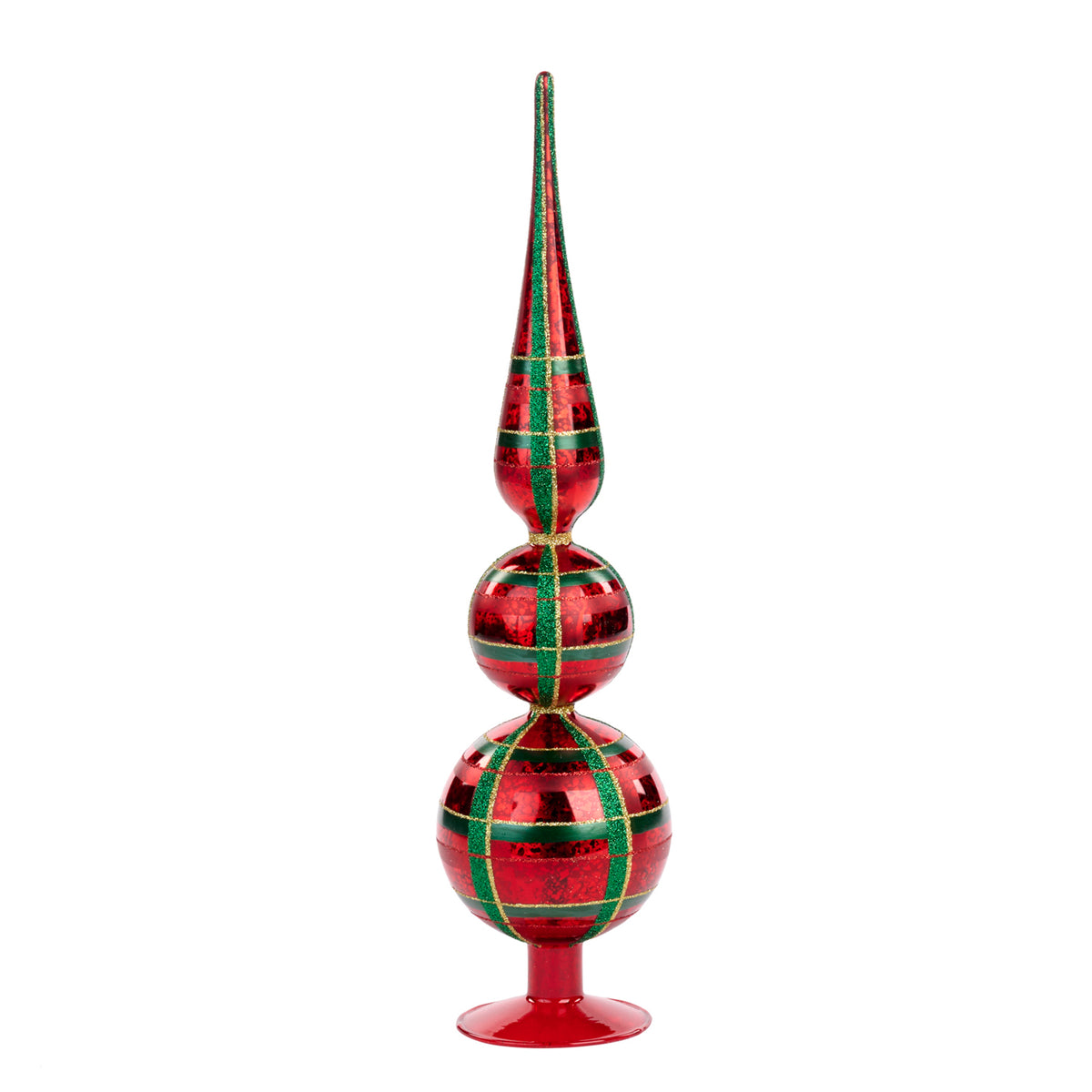 Brăduț decorativ de masă din sticlă antichizată cu model tartan, roșu/verde, 41 cm