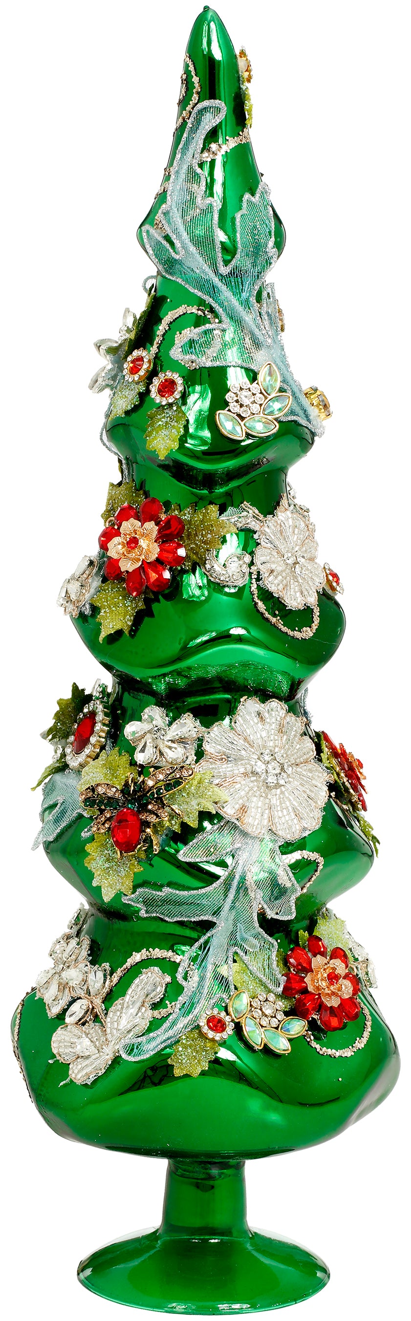 Brăduț decorativ din sticlă cu bijuterii, verde, 43 cm