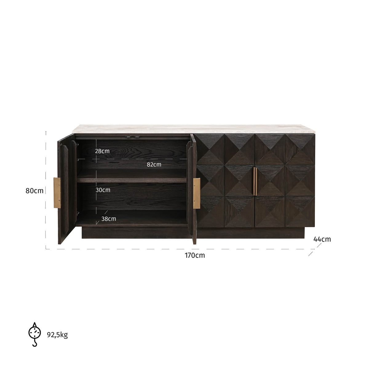 Bufet Claremont, maro, 4 uși – desen tehnic cu dimensiuni