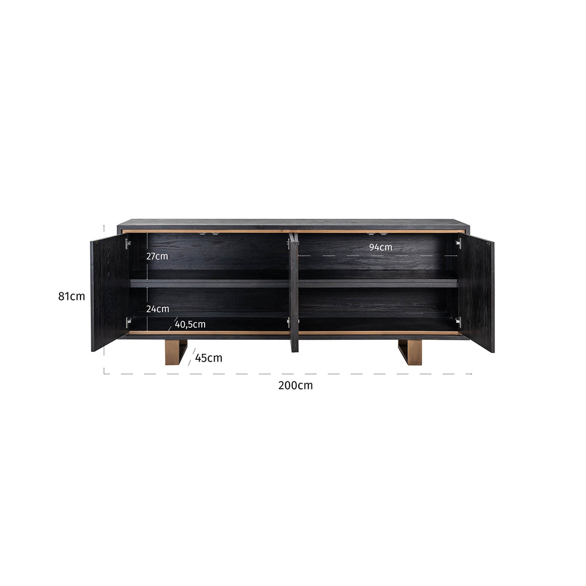 Bufet Hunter, negru rustic, 4 uși – desen tehnic cu dimensiuni