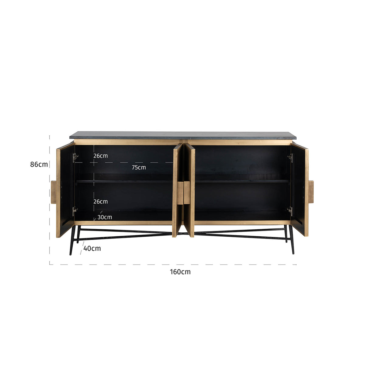 Bufet Ironville, auriu, 4 uși – desen tehnic cu dimensiuni