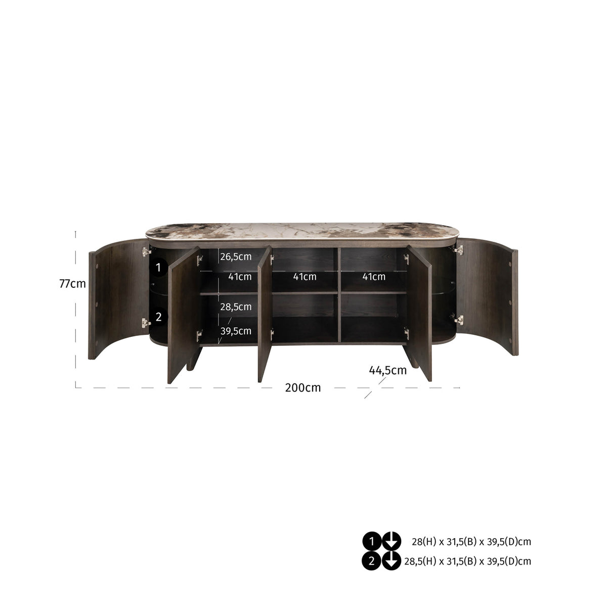 Bufet Langford, maro, 5 uși – desen tehnic cu dimensiuni