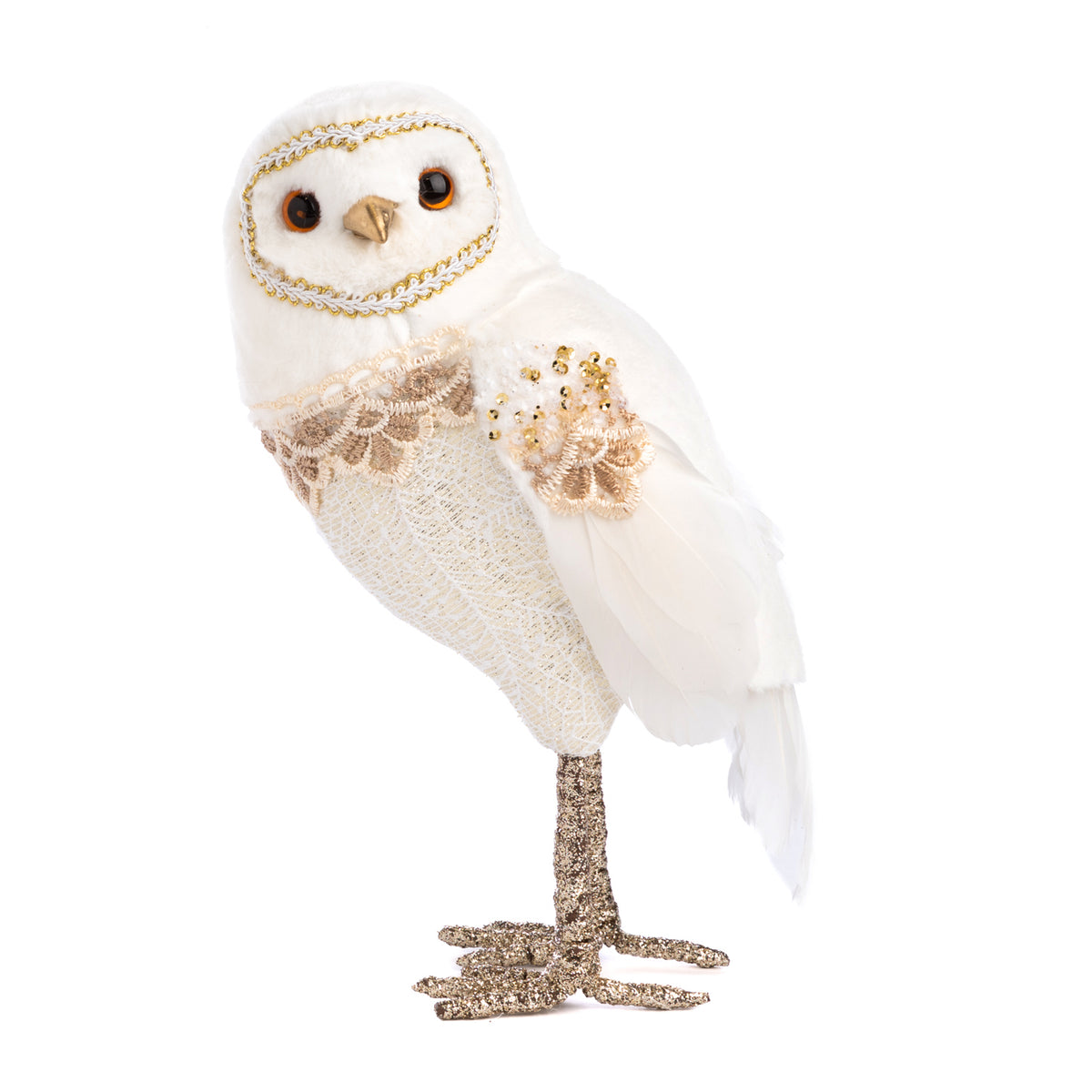 Bufniță din blăniță și dantelă, crem/auriu/alb, 25 cm