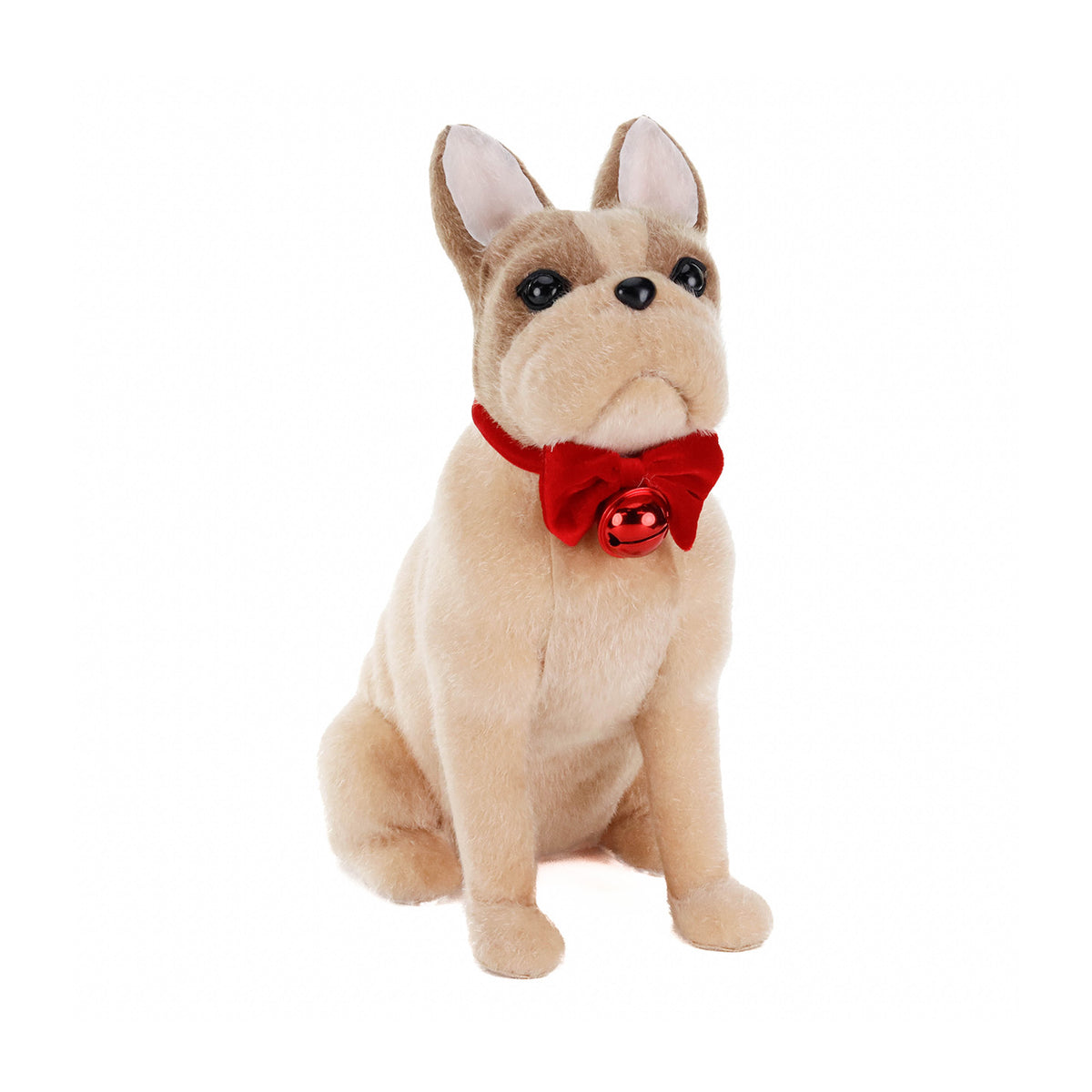 Câine de Crăciun așezat, cu fundă, din textil, roșu/maro, 35 cm