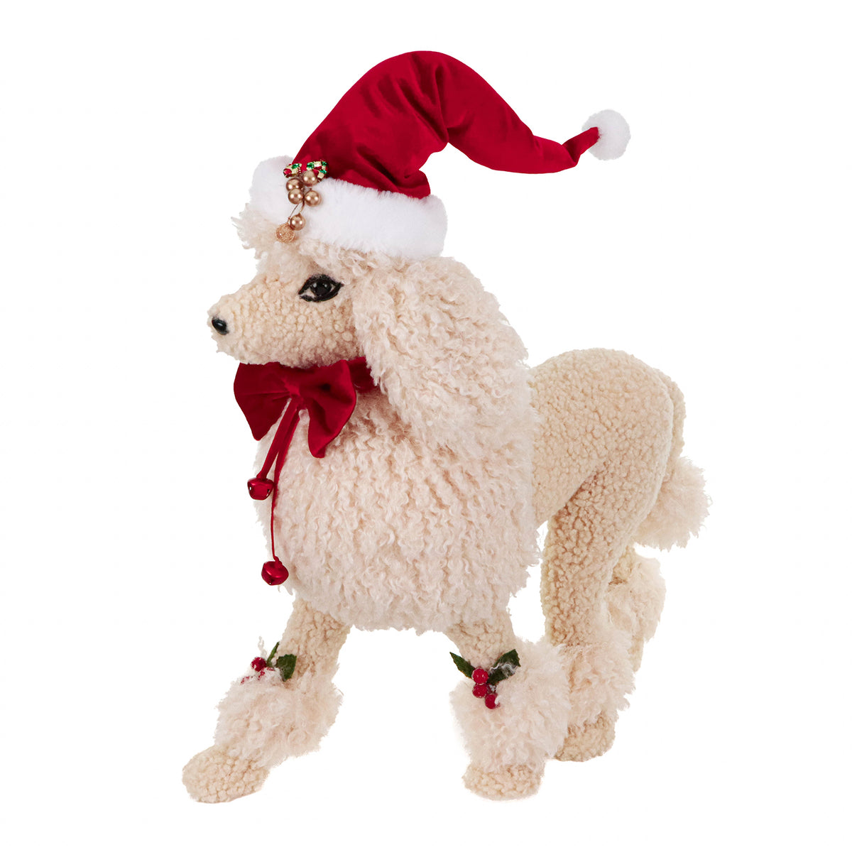 Câine de Crăciun cu pălărie, din textil, crem/roșu/alb, 48 cm