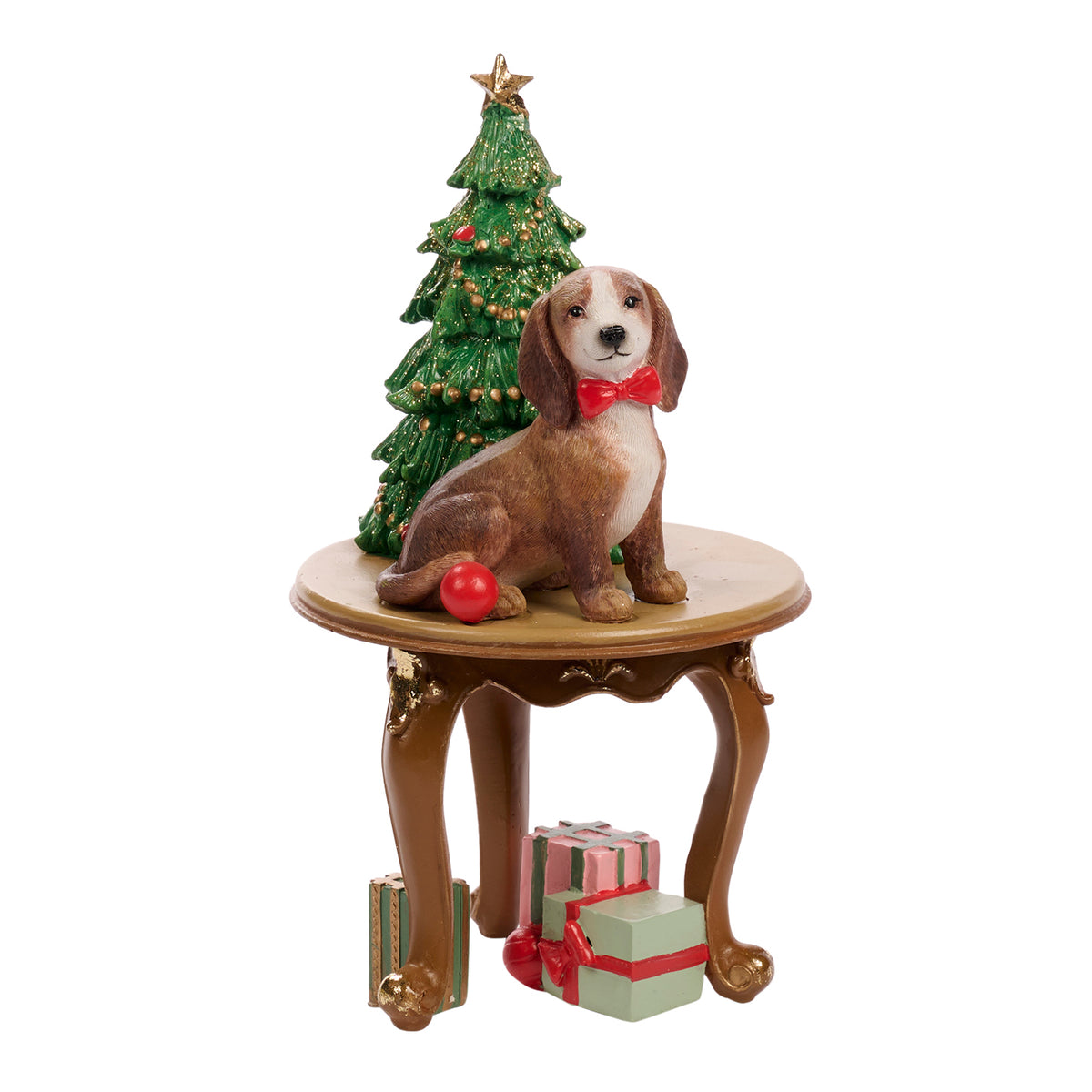 Câine și brad de Crăciun pe masă, maro/verde, 21 cm