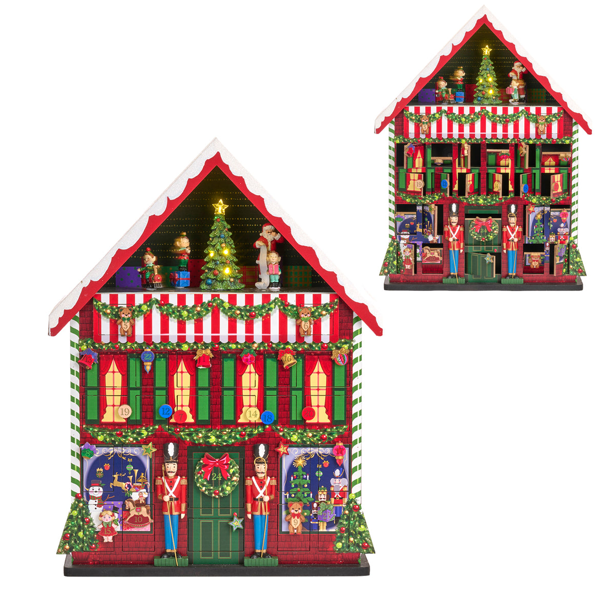Calendar de Advent în formă de căsuță de Crăciun, cu LED și muzică, 55,5 cm