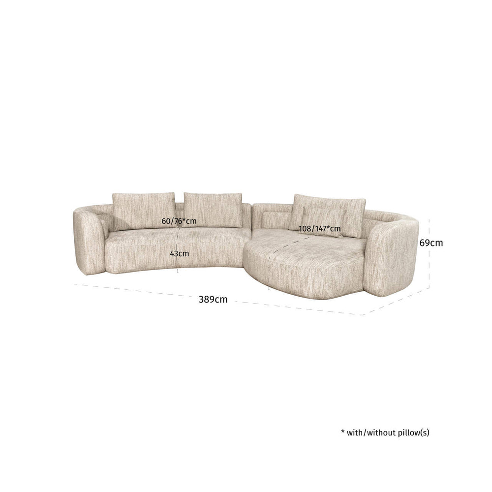 Canapea Angusto, softweave natural, cu șezlong dreapta – desen tehnic cu dimensiuni