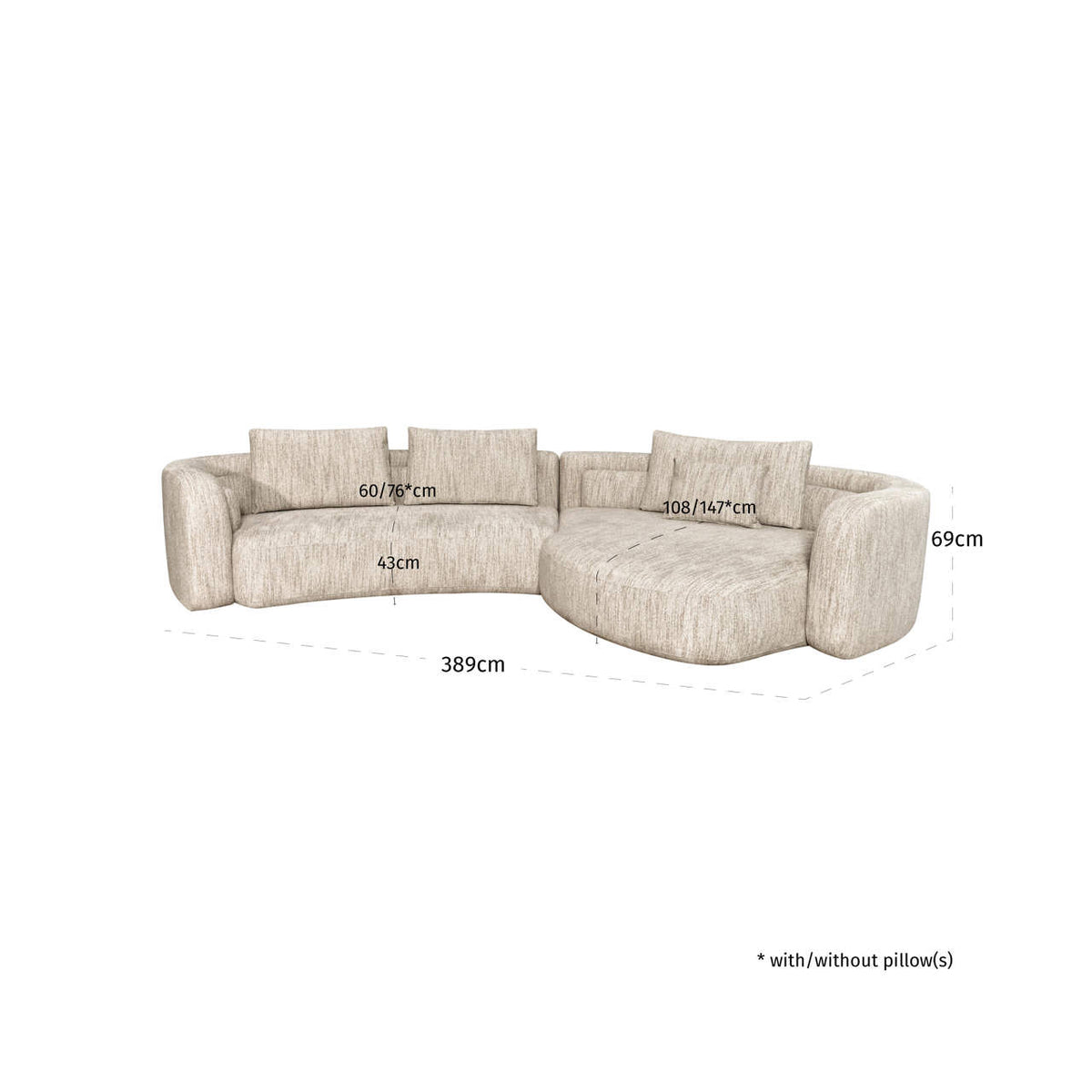 Canapea Angusto, softweave natural, cu șezlong dreapta – desen tehnic cu dimensiuni