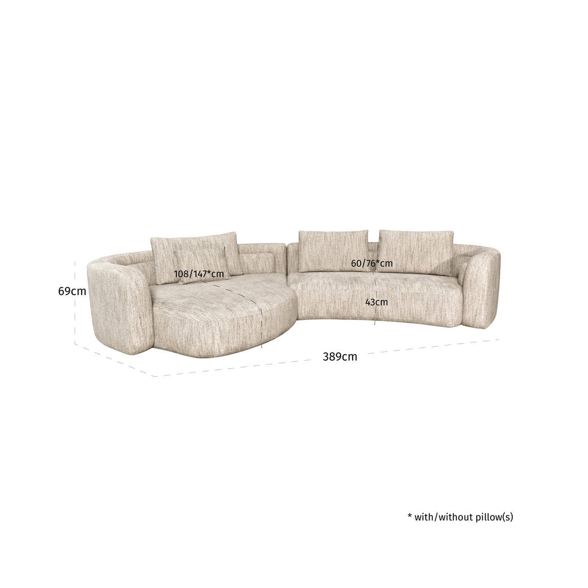 Canapea Angusto, softweave natural, cu șezlong stânga – desen tehnic cu dimensiuni