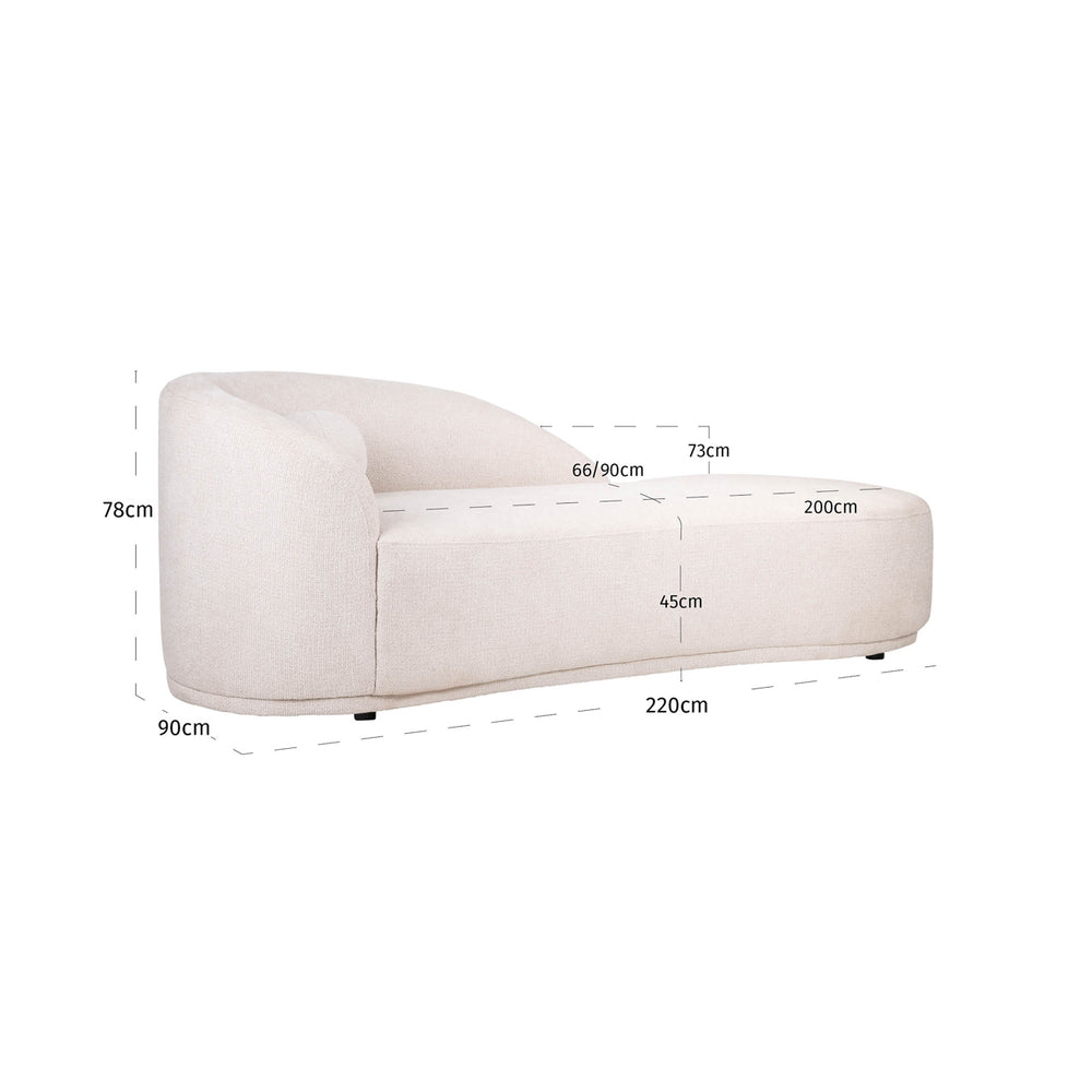 Canapea Emma, fancy crem, șezlong – desen tehnic cu dimensiuni
