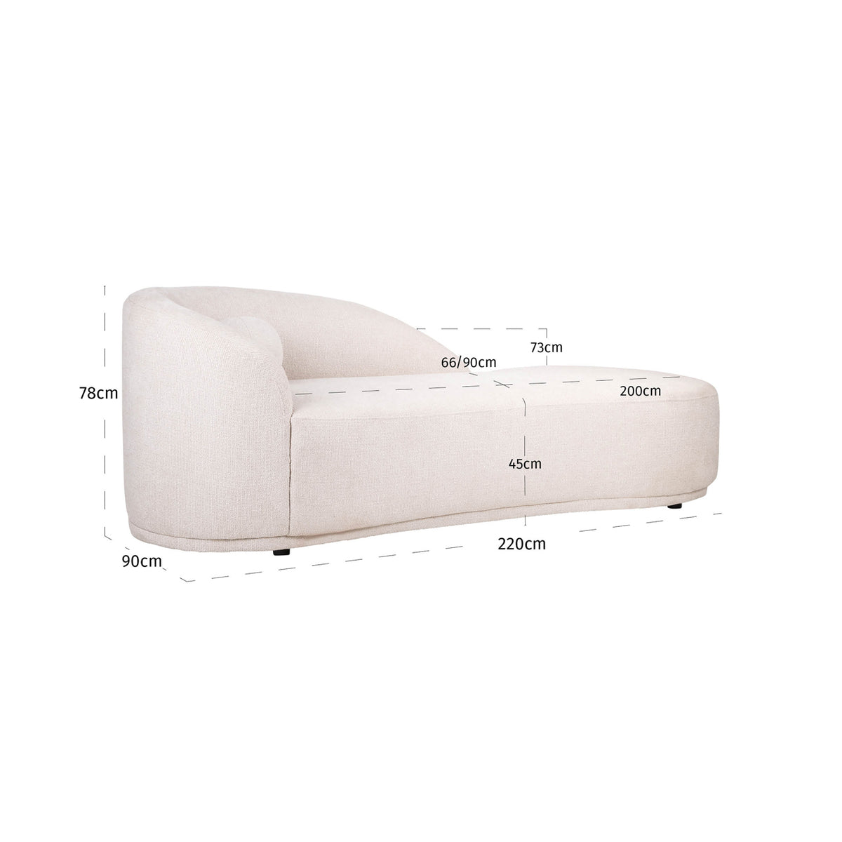 Canapea Emma, fancy crem, șezlong – desen tehnic cu dimensiuni