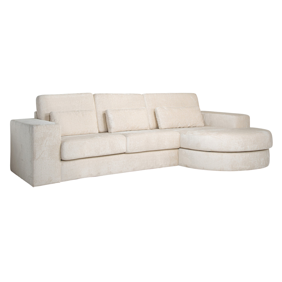 Canapea Felix, chenille albă, 2,5 locuri + șezlong rotund dreapta