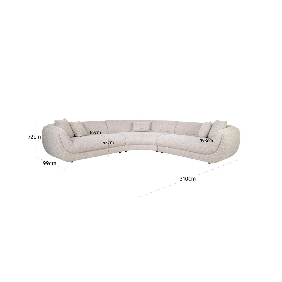 Canapea Gianelle, chunky natural – desen tehnic cu dimensiuni