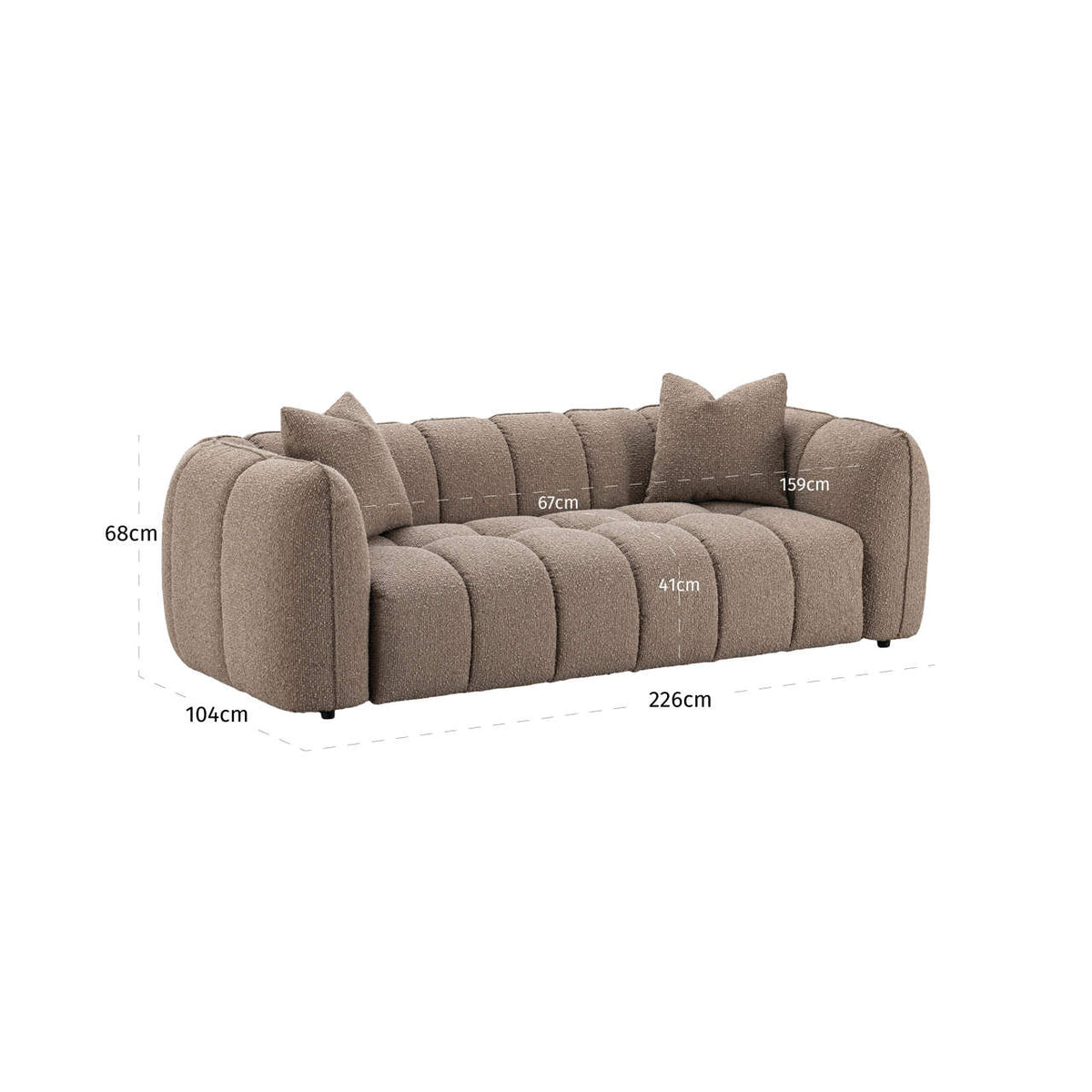 Canapea Hogan, chunky moca, 3 locuri, ignifug – desen tehnic cu dimensiuni
