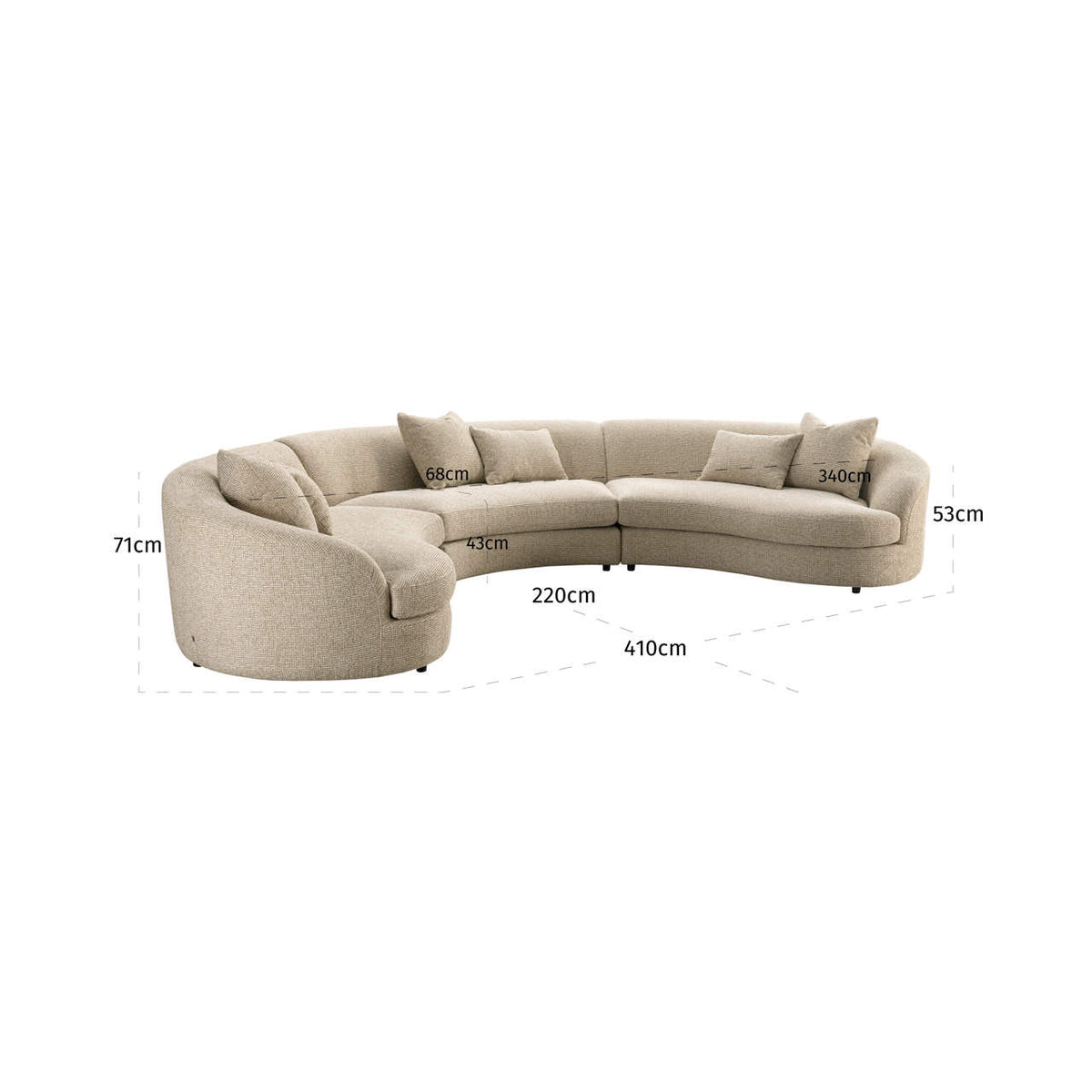 Canapea Morena, blockweave crem, L. 220 x l. 410 x Î. 71 cm – desen tehnic cu dimensiuni