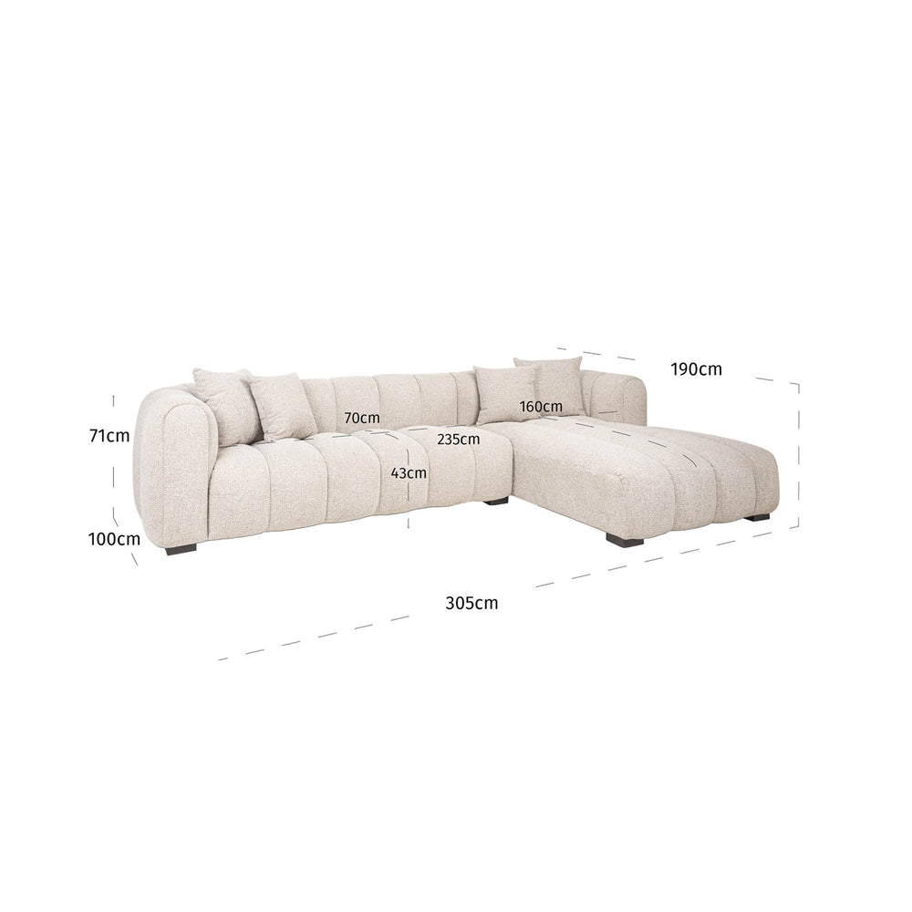 Canapea Novaro, natural fancy, cu șezlong dreapta – desen tehnic cu dimensiuni