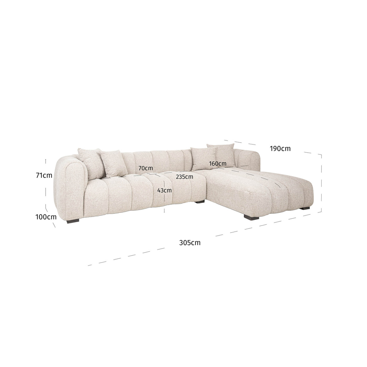 Canapea Novaro, natural fancy, cu șezlong dreapta – desen tehnic cu dimensiuni