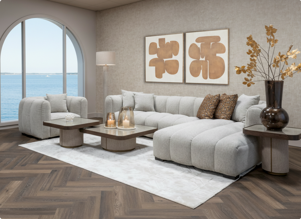 Canapea Novaro, natural fancy, cu șezlong dreapta – ambient