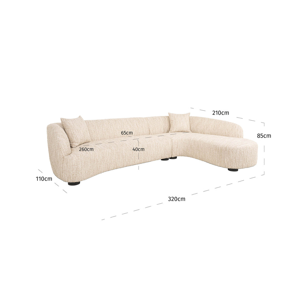 Canapea Pandora, angora bej, cu șezlong dreapta – desen tehnic cu dimensiuni