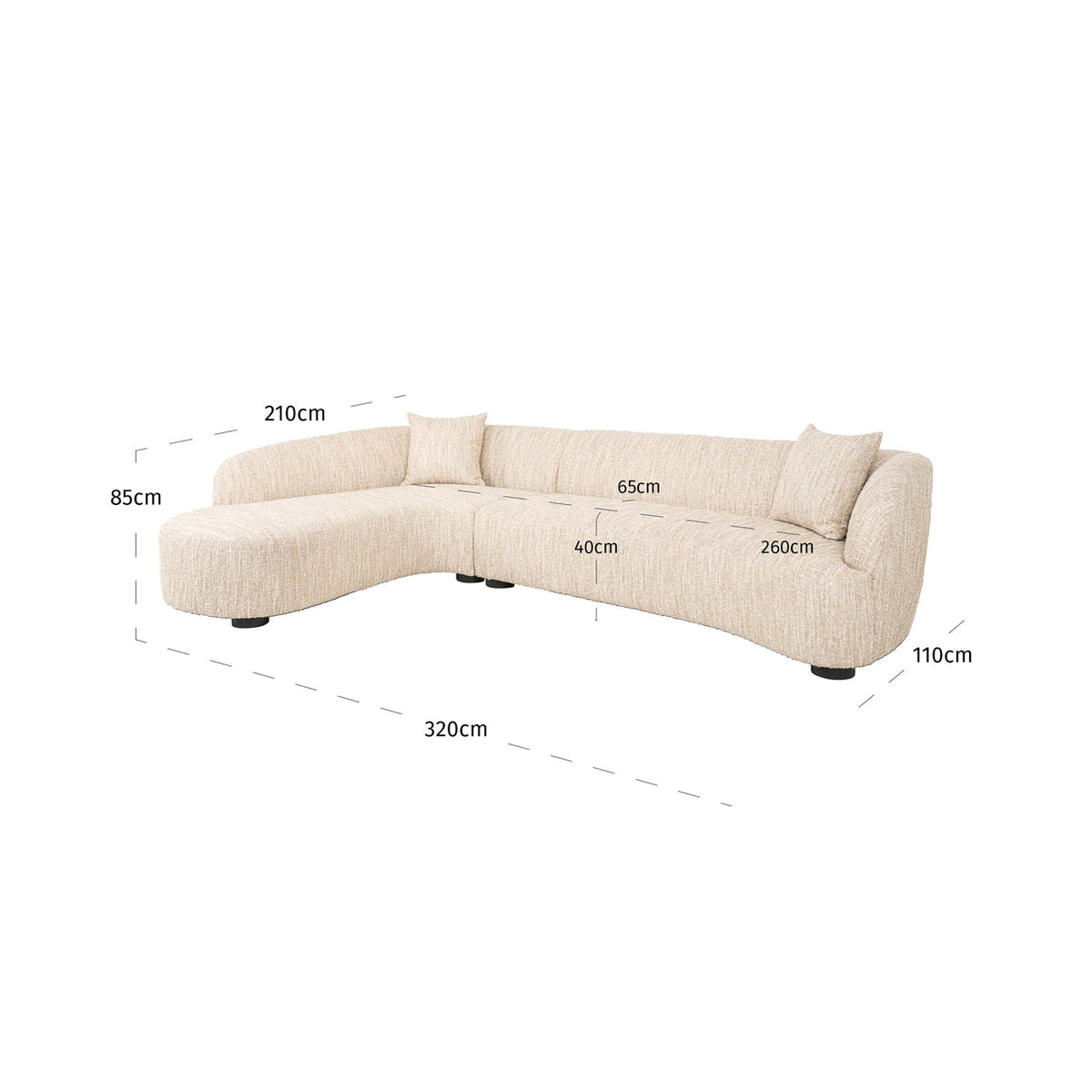 Canapea Pandora, angora bej, cu șezlong stânga – desen tehnic cu dimensiuni
