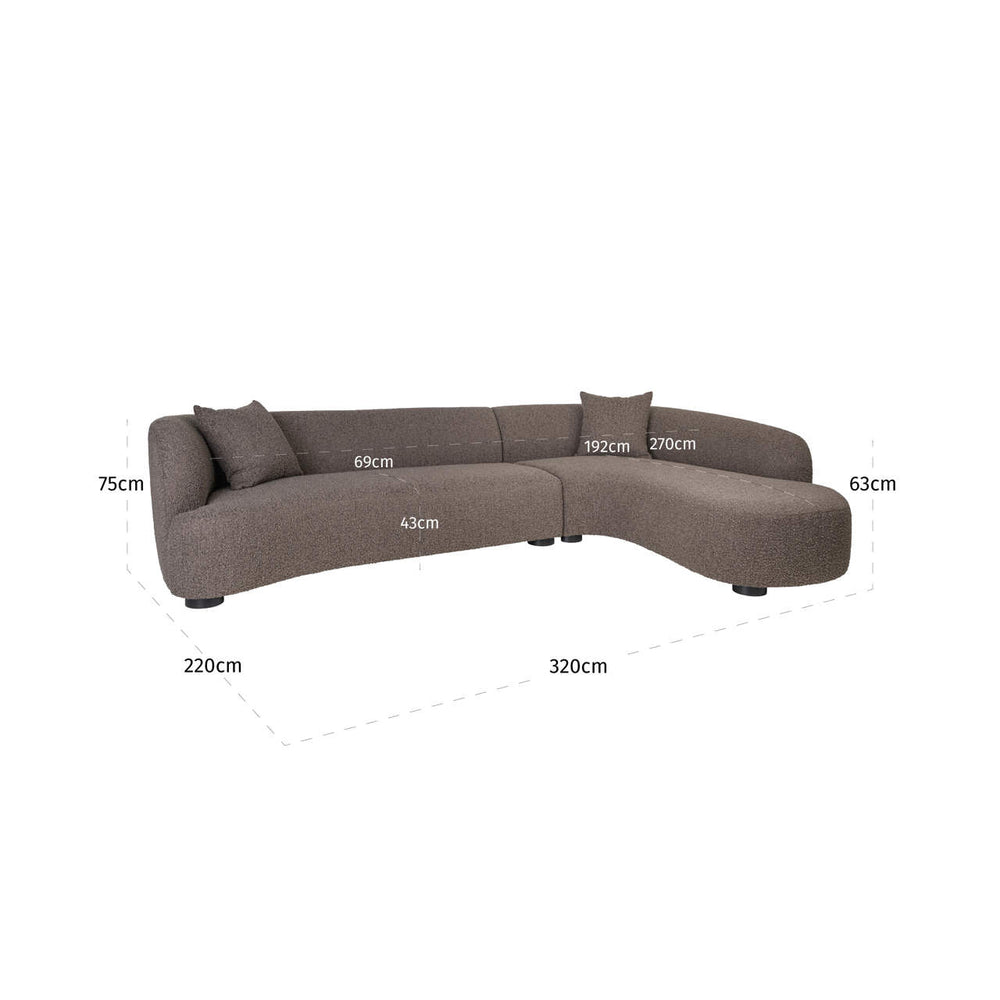 Canapea Pandora, chunky maro, cu șezlong dreapta – desen tehnic cu dimensiuni