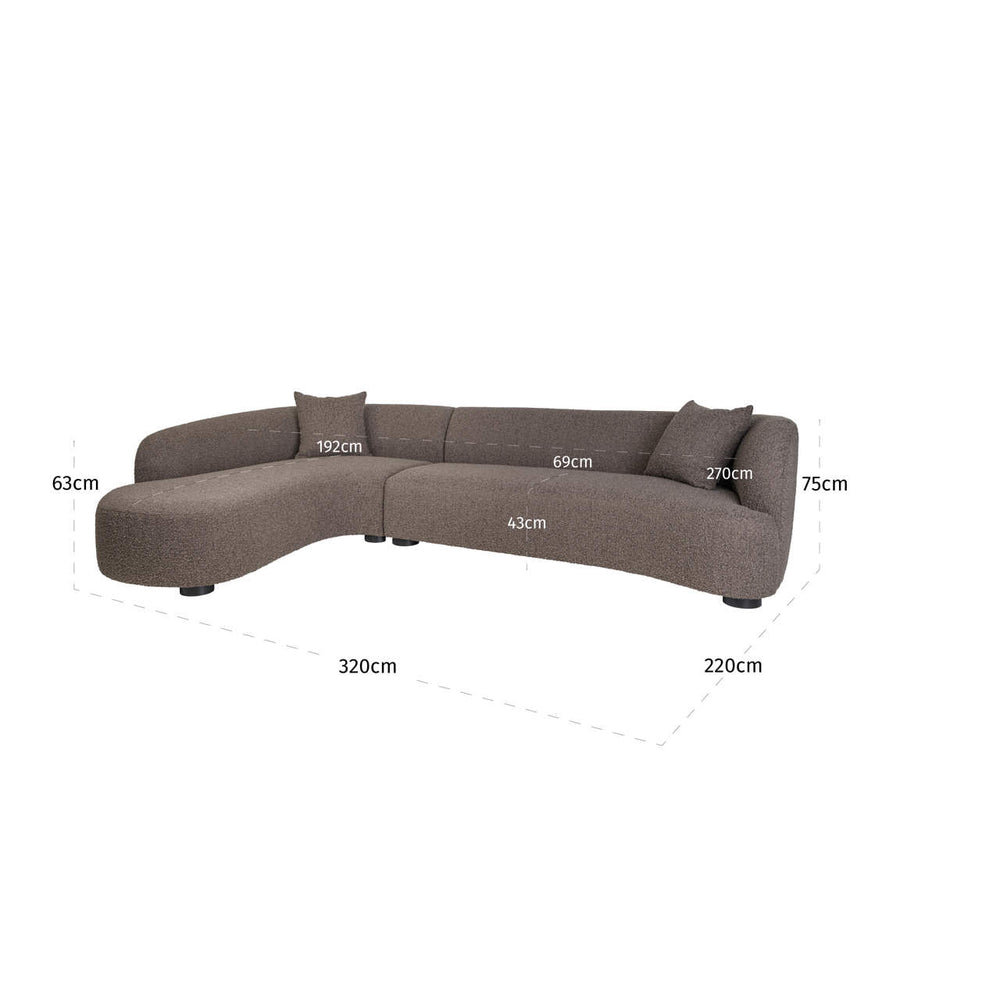 Canapea Pandora, chunky maro, cu șezlong stânga – desen tehnic cu dimensiuni