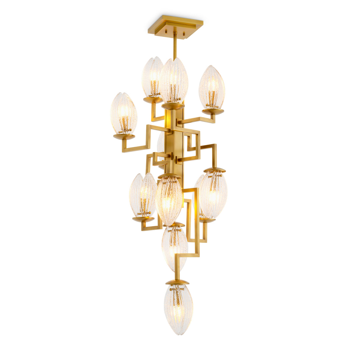Candelabru Persephone, finisaj alamă antichizată, sticlă transparentă