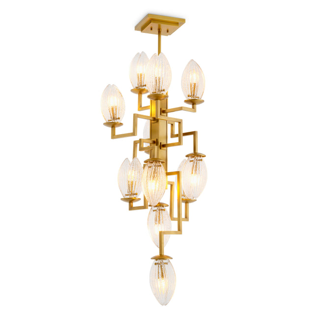 Candelabru Persephone, finisaj alamă antichizată, sticlă transparentă