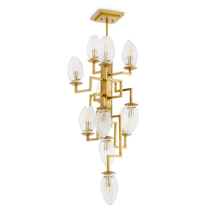 Candelabru Persephone, finisaj alamă antichizată, sticlă transparentă
