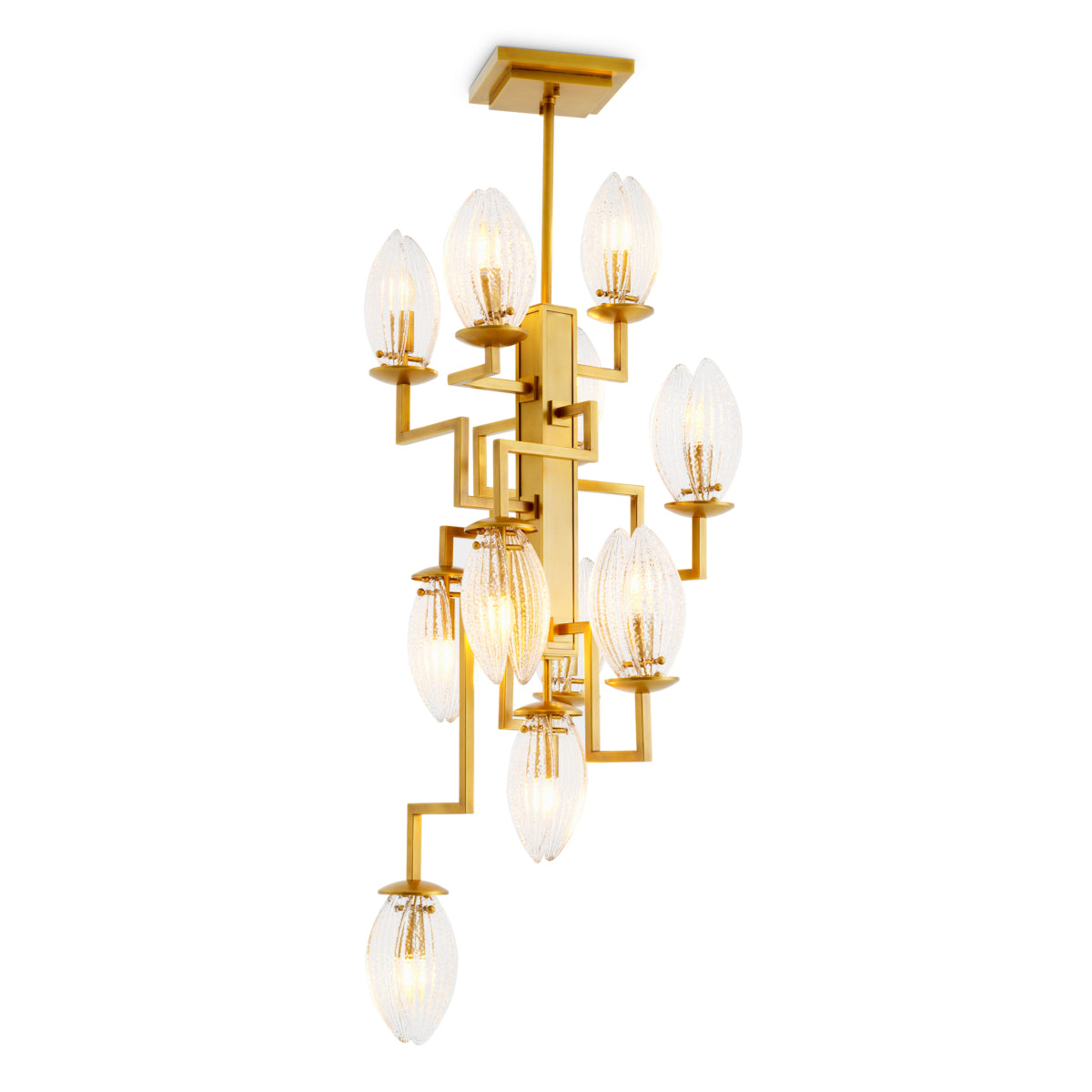 Candelabru Persephone, finisaj alamă antichizată, sticlă transparentă