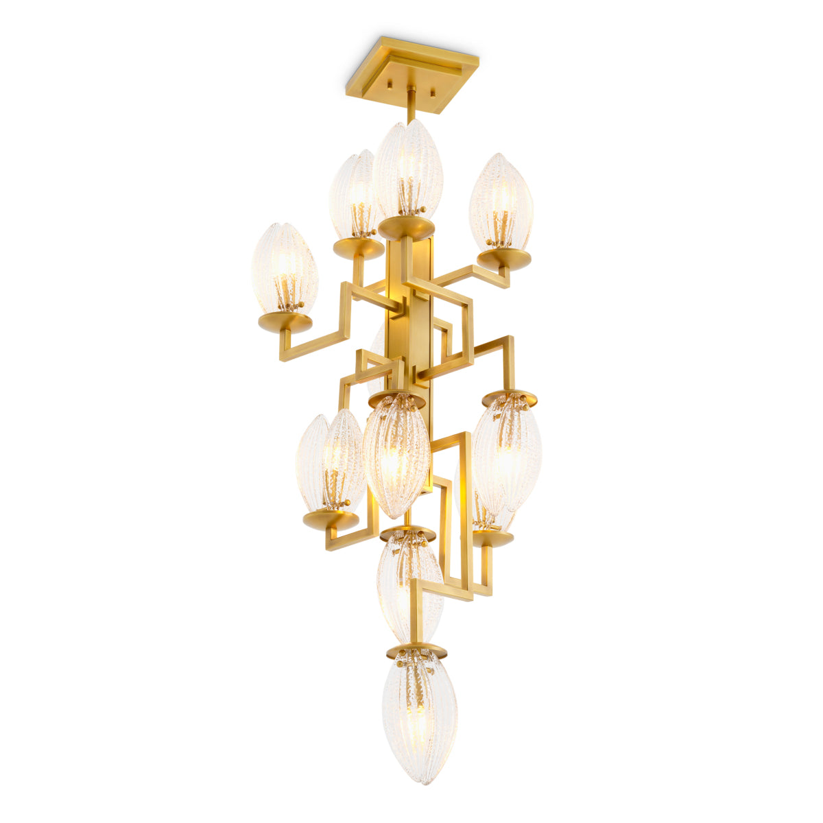 Candelabru Persephone, finisaj alamă antichizată, sticlă transparentă