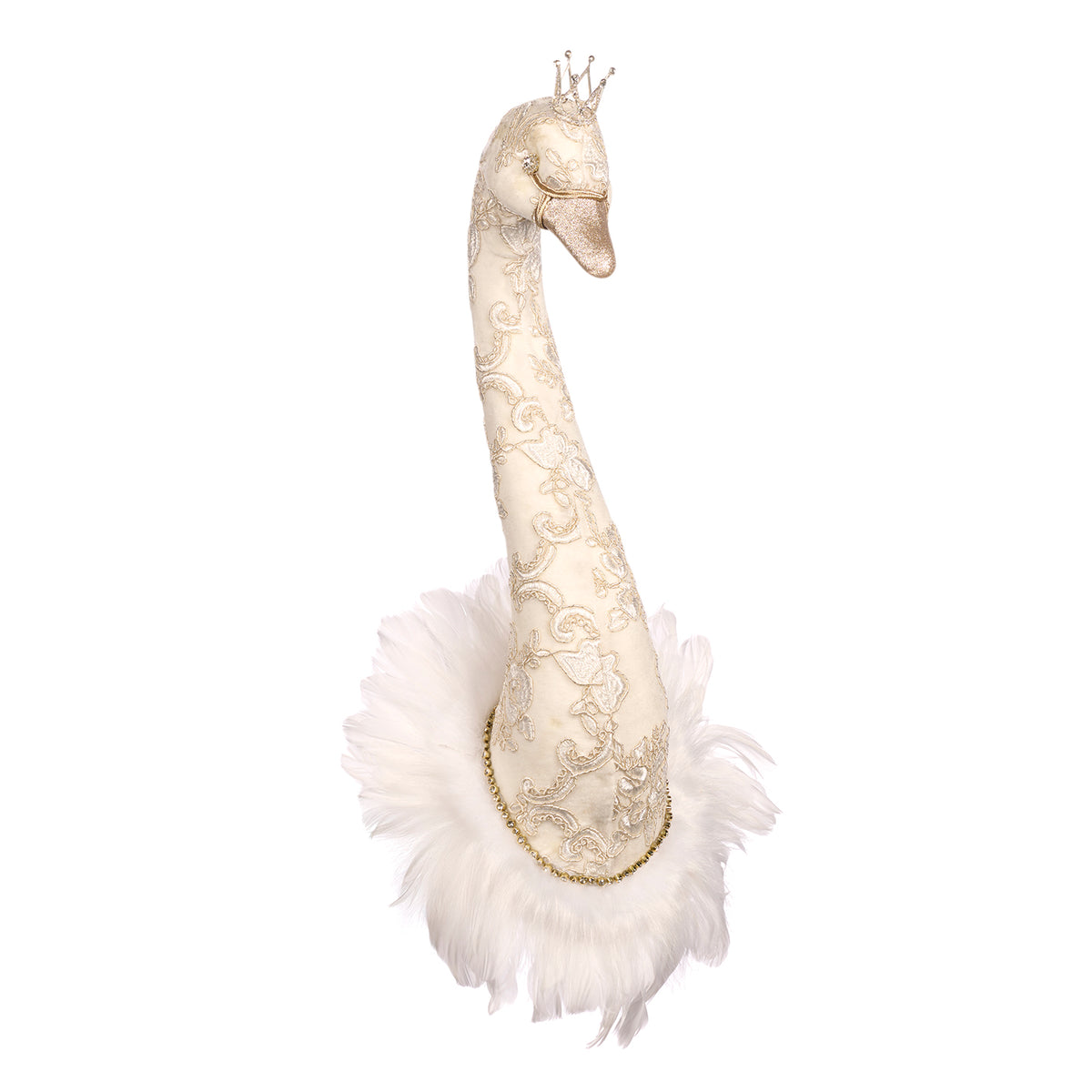 Cap de lebădă pentru perete, din brocart și pene, crem, 44 cm