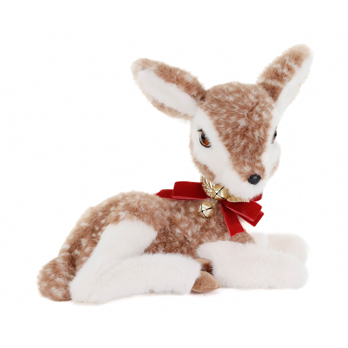 Căprioară Bambi de Crăciun întinsă, din textil, maro/crem, 42 cm