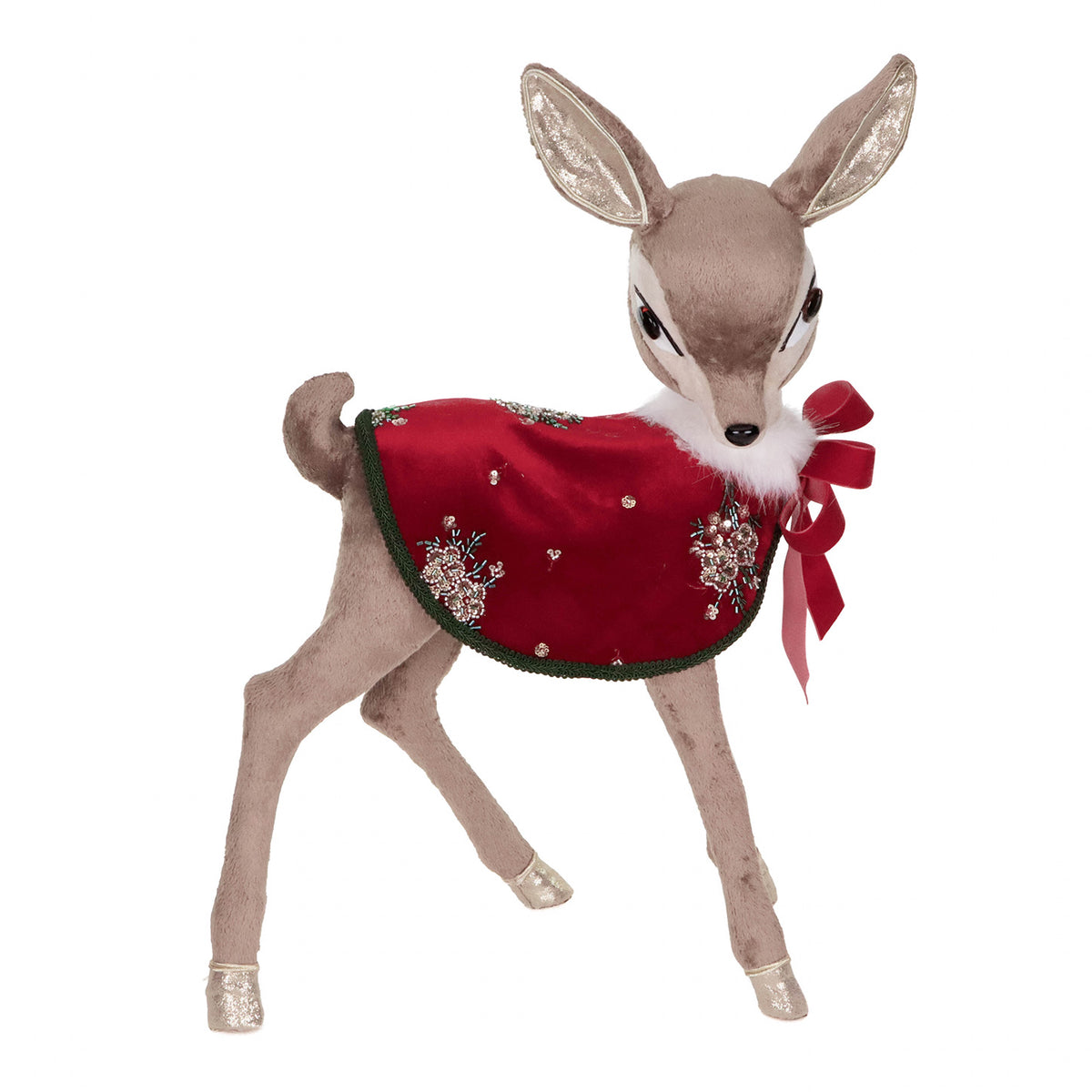 Căprioară Bambi în picioare din textil, cu pelerină, maro/roșu, 60 cm