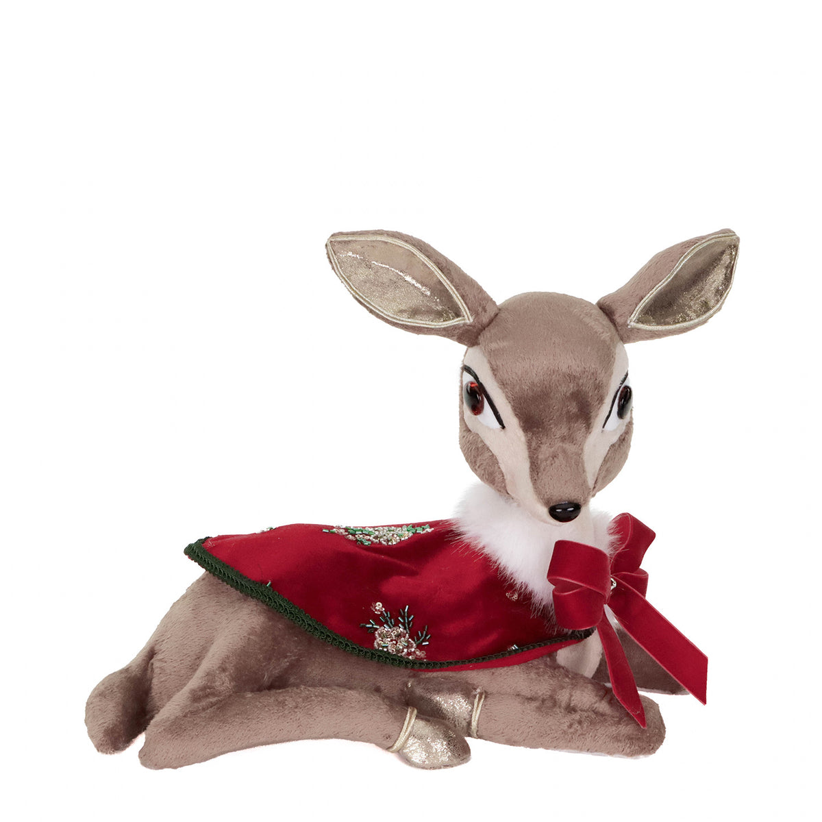 Căprioară Bambi întinsă din textil, cu pelerină, maro/roșu, 45 cm